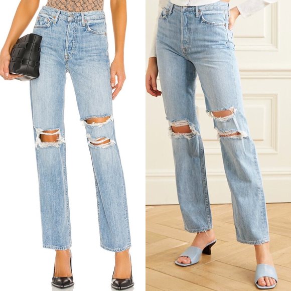 GRLFRND The Mica Distressed High Waisted Straight Leg Blue Jeans - Picture 1 of 11